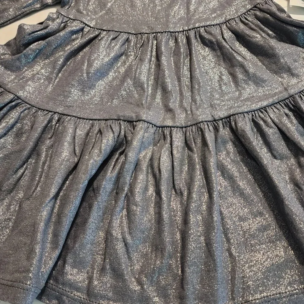 Old Navy Metallic Silver Baby Girls Dress 12-18M 100% Cotton Tiered Design